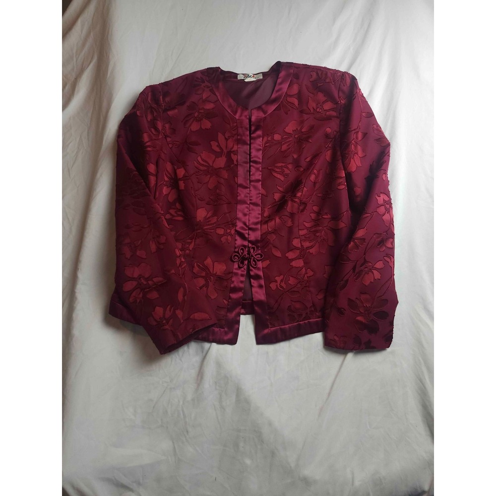Patra Blouse Top Womens Size 18 Red Burn Out Floral Chinese Style Long Sleeve